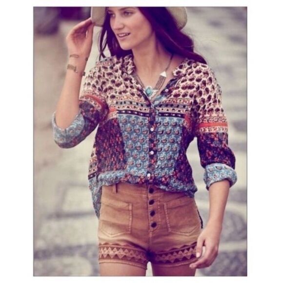 Free People Women's Caravan Patchwork Printed Button Front Shirt Size XS - Picture 2 of 12